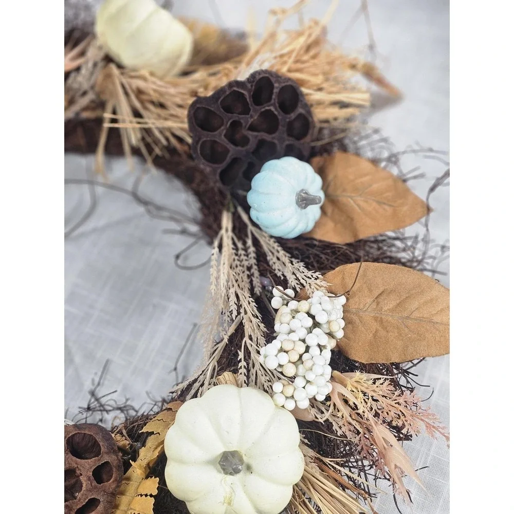 Rustic Fall Harvest Wreath Pumpkins Berries Leaves Twig 17 In